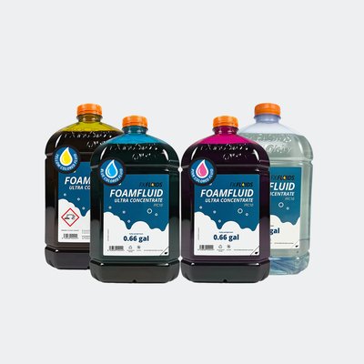 Bottles of colored foam concentrate in yellow, blue, pink, and clear